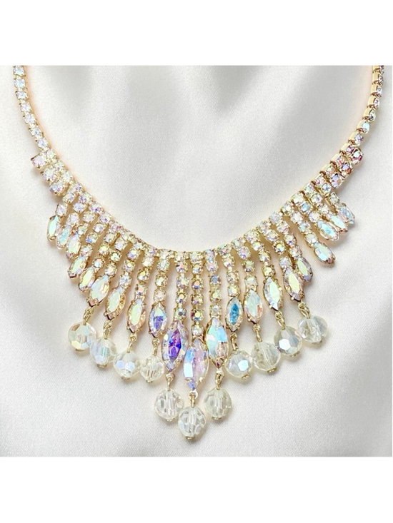 Vintage Jewelry - Vintage Aurora Borealis Rhinestone Necklace Gold Tone Fringe Bib Austrian Style